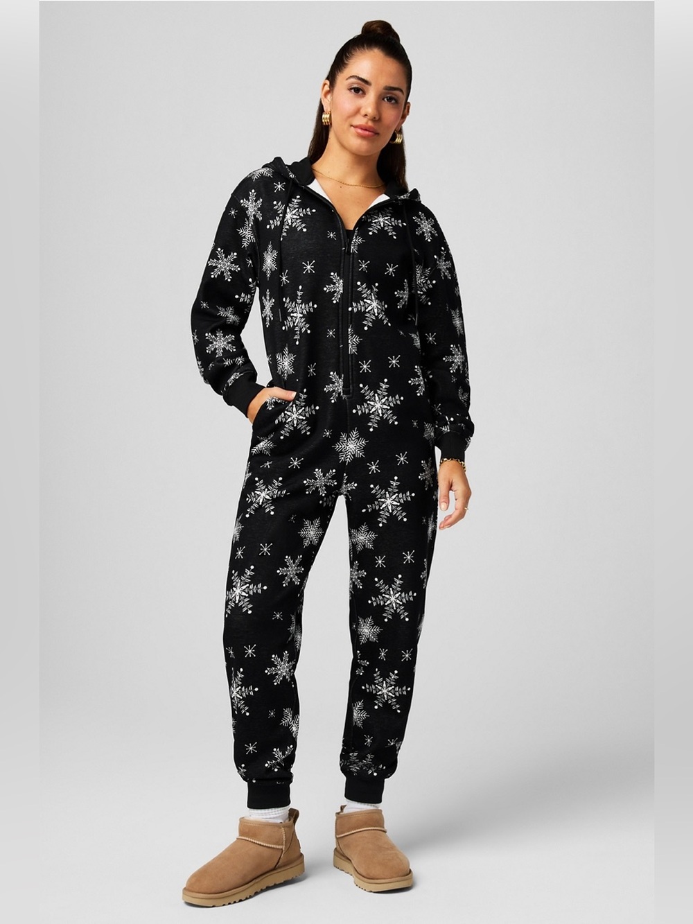 Fabletics Snowflake Print Fleece Jumpsuit Onesie Size Medium